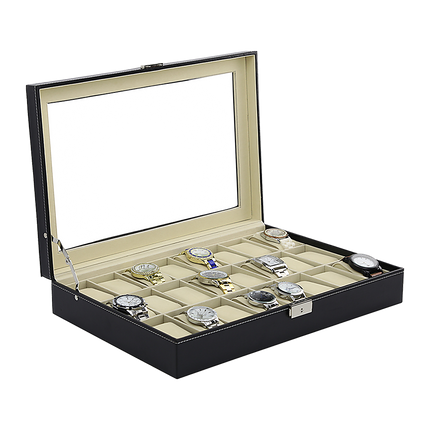 Watch Box - 24 Slot Luxury Display Case With Framed Glass Lid.