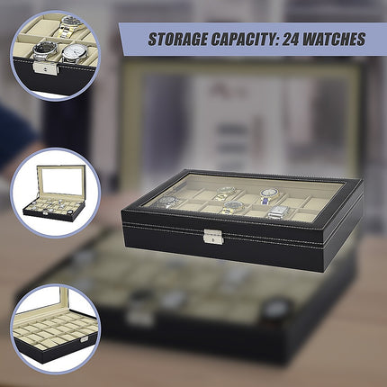 Watch Box - 24 Slot Luxury Display Case With Framed Glass Lid.