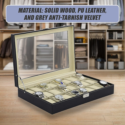 Watch Box - 24 Slot Luxury Display Case With Framed Glass Lid.