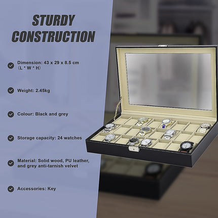 Watch Box - 24 Slot Luxury Display Case With Framed Glass Lid.
