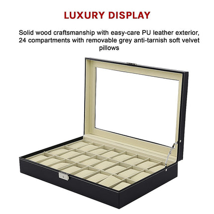 Watch Box - 24 Slot Luxury Display Case With Framed Glass Lid.
