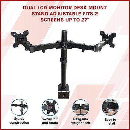 Dual LCD Monitor Desk Mount Stand Adjustable Fits 2 Screens Up To 27".