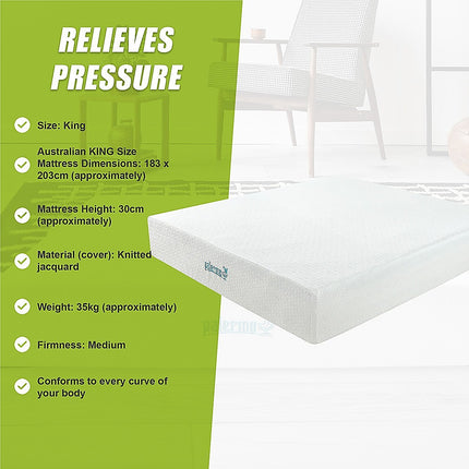 King 30cm Green Tea Memory Foam Mattress – Cooling Comfort with CertiPUR-US Certified Foam.