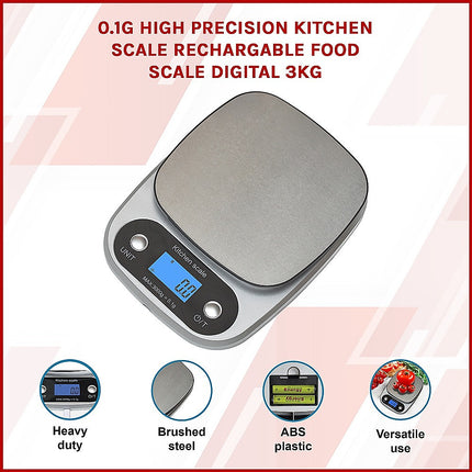 0.1g Digital Kitchen Scale 3kg Rechargeable High Precision Food.