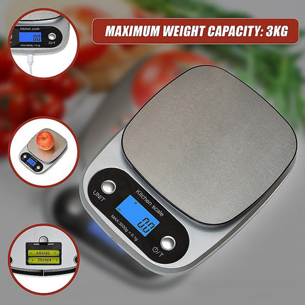 0.1g Digital Kitchen Scale 3kg Rechargeable High Precision Food.