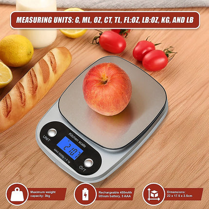 0.1g Digital Kitchen Scale 3kg Rechargeable High Precision Food.