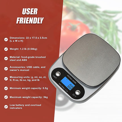 0.1g Digital Kitchen Scale 3kg Rechargeable High Precision Food.