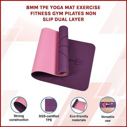 8mm TPE Yoga Mat Exercise Fitness Gym Pilates Non Slip Dual Layer.