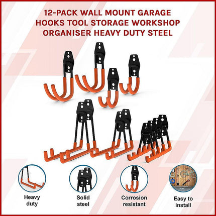 12-Pack Wall Mount Garage Hooks Tool Storage Workshop Organiser Heavy Duty Steel.