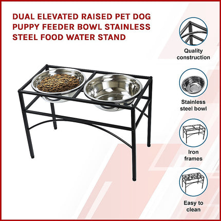 Dual Elevated Raised Pet Dog Puppy Feeder Bowl Stainless Steel Food Water Stand.