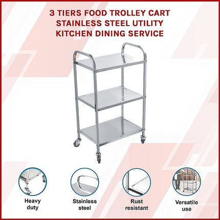 3 Tiers Food Trolley Cart Stainless Steel Utility Kitchen Dining Service.