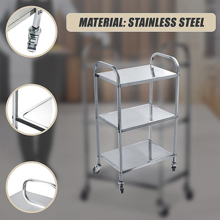 3 Tiers Food Trolley Cart Stainless Steel Utility Kitchen Dining Service.