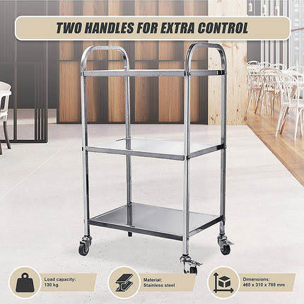 3 Tiers Food Trolley Cart Stainless Steel Utility Kitchen Dining Service.