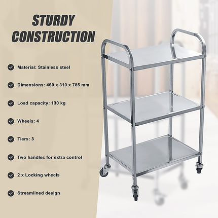 3 Tiers Food Trolley Cart Stainless Steel Utility Kitchen Dining Service.