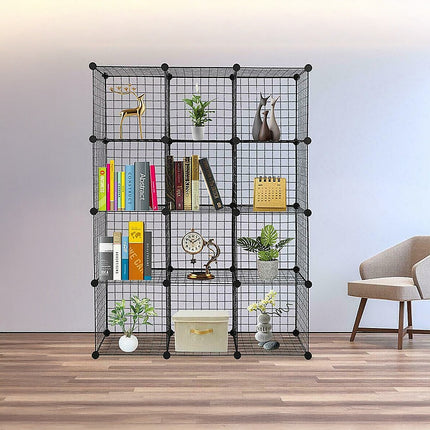 12 Cube Wire Grid Organiser Bookcase Storage Cabinet Wardrobe Closet Black.
