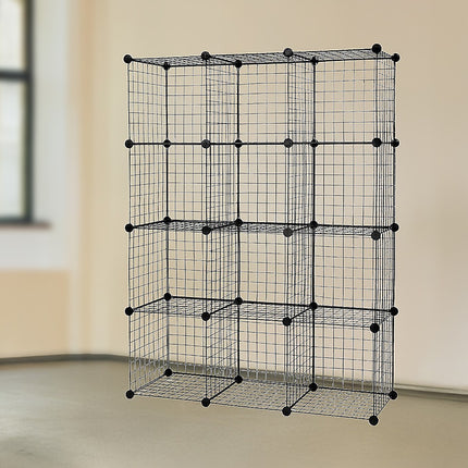 12 Cube Wire Grid Organiser Bookcase Storage Cabinet Wardrobe Closet Black.
