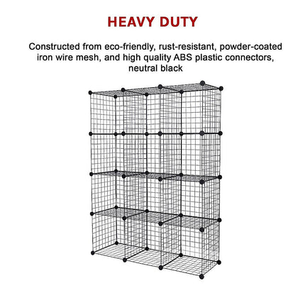 12 Cube Wire Grid Organiser Bookcase Storage Cabinet Wardrobe Closet Black.