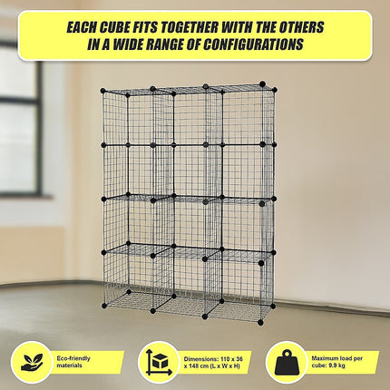 12 Cube Wire Grid Organiser Bookcase Storage Cabinet Wardrobe Closet Black.