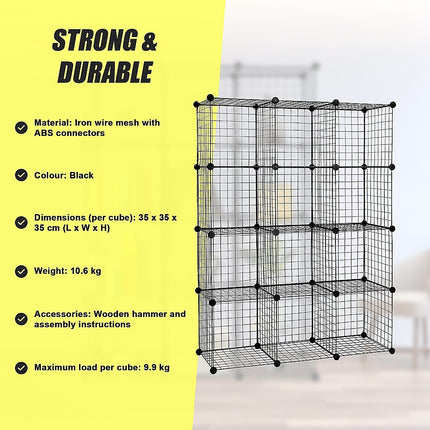 12 Cube Wire Grid Organiser Bookcase Storage Cabinet Wardrobe Closet Black.