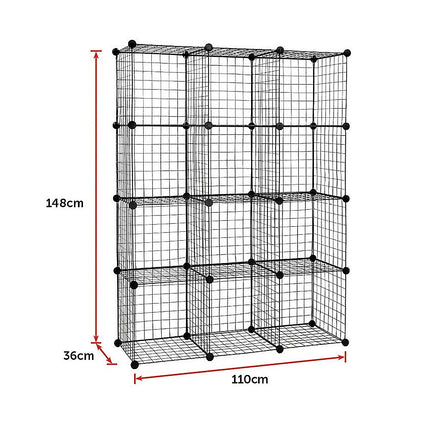 12 Cube Wire Grid Organiser Bookcase Storage Cabinet Wardrobe Closet Black.