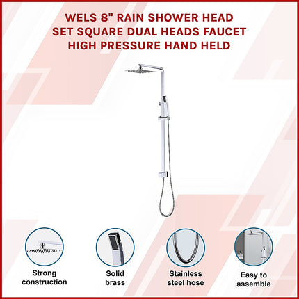 WELS 8" Rain Shower Head Set Square Dual Heads Faucet High Pressure Hand Held.