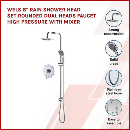 WELS 8" Rain Shower Head Set Rounded Dual Heads Faucet High Pressure With Mixer.