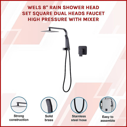 WELS 8" Rain Shower Head Set Square Dual Heads Faucet High Pressure With Mixer.