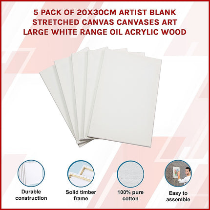 5 pack of 20x30cm Artist Blank Stretched Canvas Canvases Art Large White Range Oil Acrylic Wood.