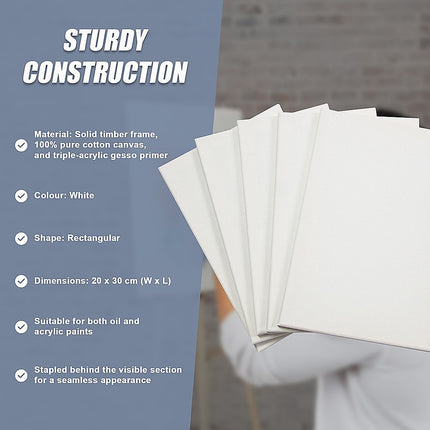 5 pack of 20x30cm Artist Blank Stretched Canvas Canvases Art Large White Range Oil Acrylic Wood.