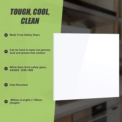 Toughened 90cm x 75cm White Glass Kitchen Splashback.