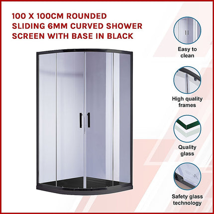 100 x 100cm Rounded Sliding 6mm Curved Shower Screen with Base in Black.