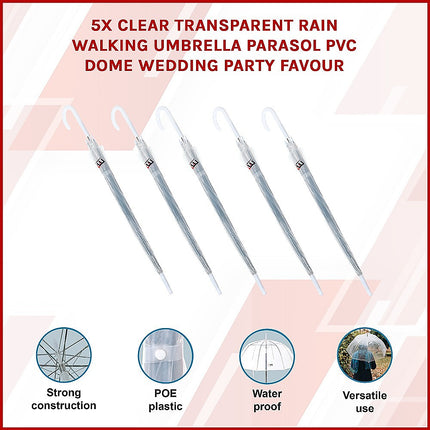 5x Clear Transparent Rain Walking Umbrella Parasol PVC Dome Wedding Party Favour.
