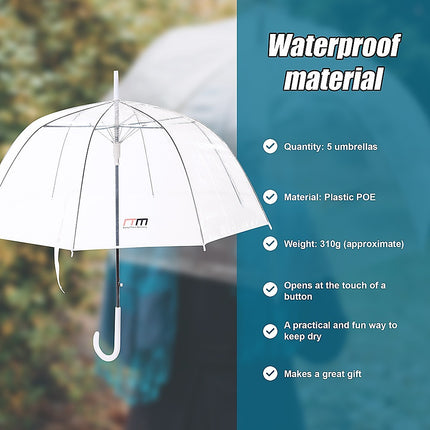 5x Clear Transparent Rain Walking Umbrella Parasol PVC Dome Wedding Party Favour.