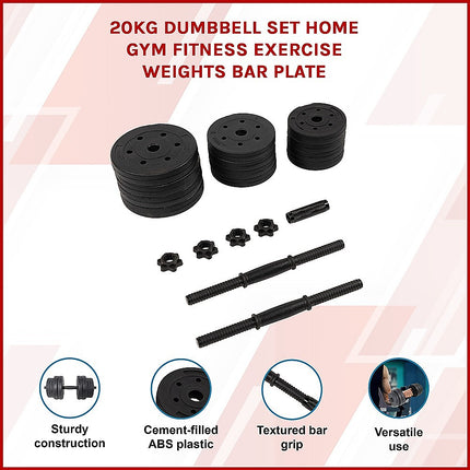 20kg Dumbbell Set Home Gym Fitness Exercise Weights Bar Plate.