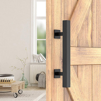 12" Square Pull and Flush Door Handle Set Black Barn Door Hardware.