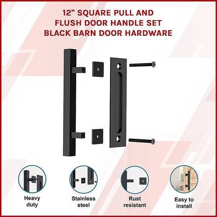 12" Square Pull and Flush Door Handle Set Black Barn Door Hardware.