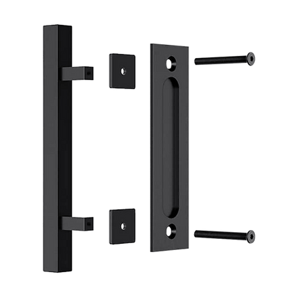 12" Square Pull and Flush Door Handle Set Black Barn Door Hardware.