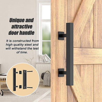 12" Square Pull and Flush Door Handle Set Black Barn Door Hardware.