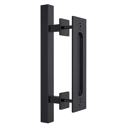 12" Square Pull and Flush Door Handle Set Black Barn Door Hardware.