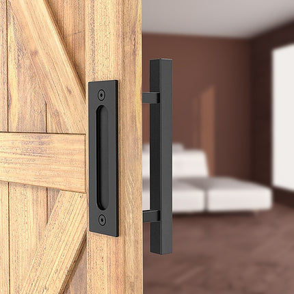 12" Square Pull and Flush Door Handle Set Black Barn Door Hardware.