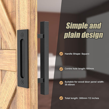 12" Square Pull and Flush Door Handle Set Black Barn Door Hardware.