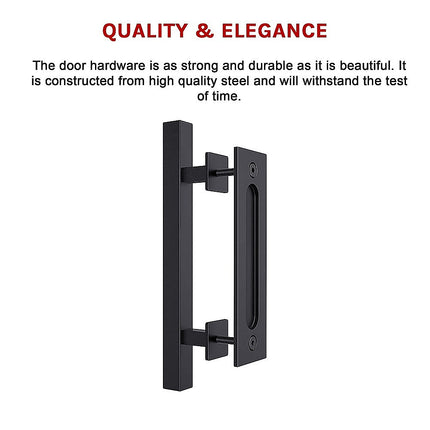 12" Square Pull and Flush Door Handle Set Black Barn Door Hardware.