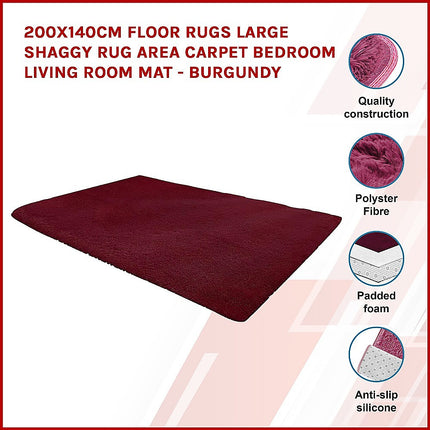 200x140cm Floor Rugs Large Shaggy Rug Area Carpet Bedroom Living Room Mat - Burgundy.