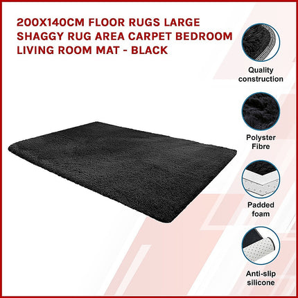 200x140cm Floor Rugs Large Shaggy Rug Area Carpet Bedroom Living Room Mat - Black.
