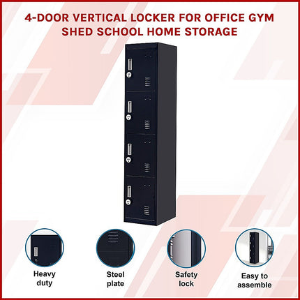 4-Door Vertical Locker for Office Gym Shed School Home Storage.