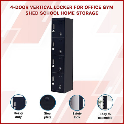 4-Door Vertical Locker for Office Gym Shed School Home Storage.