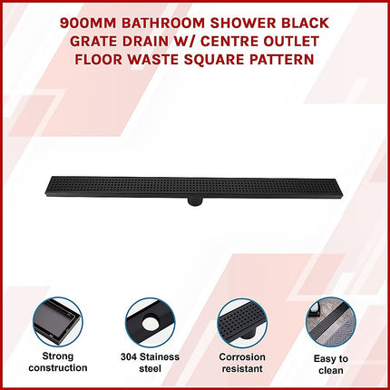 900mm Bathroom Shower Black Grate Drain w/Centre outlet Floor Waste Square Pattern.