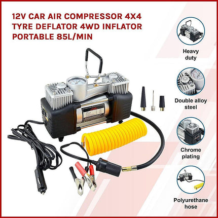 12V Car Air Compressor 4x4 Tyre Deflator 4wd Inflator Portable 85L/min.