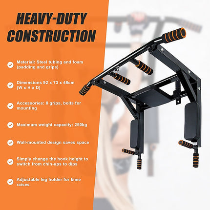 Heavy Duty Wall Mounted Power Station Pull Up Dip Knee Raise Bar.