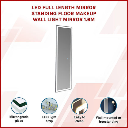 LED Full Length Mirror Standing Floor Makeup Wall Light Mirror 1.6M.